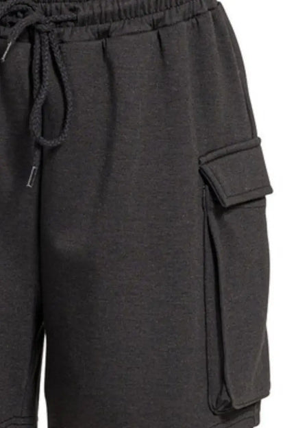 Dark gray Zenana Scuba Thigh Pocket Shorts with drawstring waist and cargo thigh pockets