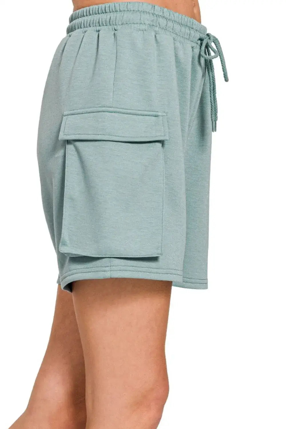 Teal Zenana Scuba Thigh Pocket Shorts with drawstring waist and functional thigh pockets