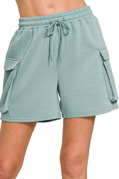 Teal Zenana Scuba Thigh Pocket Shorts with drawstring waist and functional thigh pockets