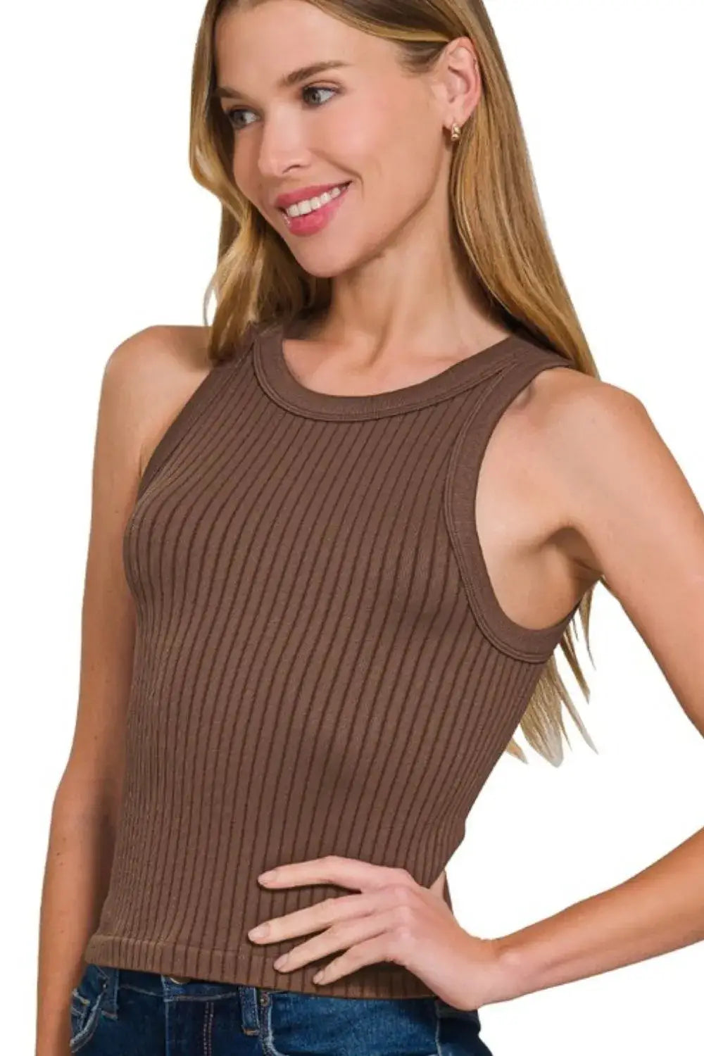 Zenana Seamless Ribbed Crop Tank - BROWN / S/M