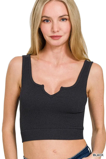 Zenana Seamless Split Neck Bra Tank Top - BLACK / S/M - Neck Bra Tank Top