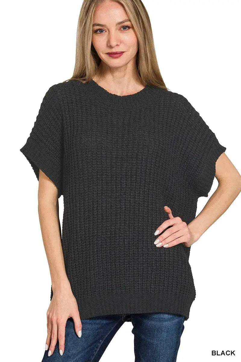Zenana Short Sleeve Round Neck Sweater - BLACK / S/M - Neck Sweater