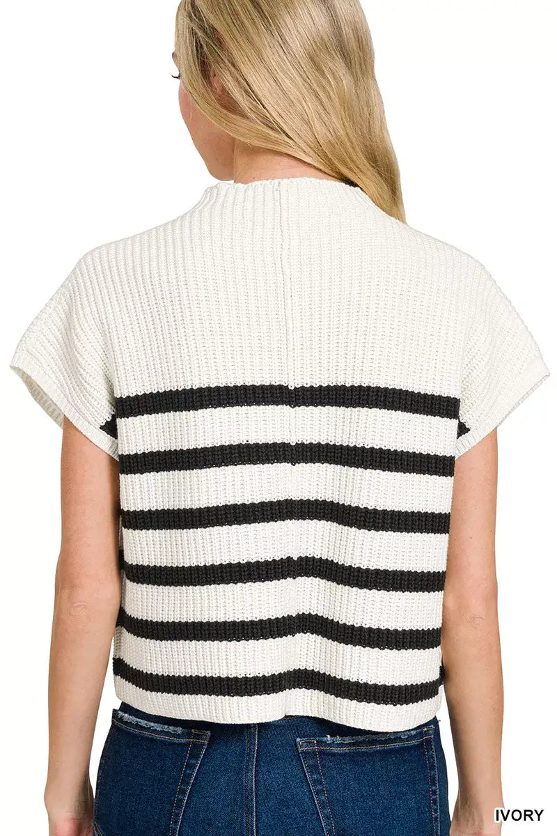 Zenana Short Sleeve Stripe Sweater - Short Sleeve Stripe Sweater