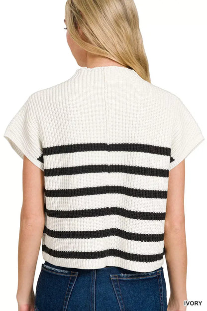 Zenana Short Sleeve Stripe Sweater - Short Sleeve Stripe Sweater