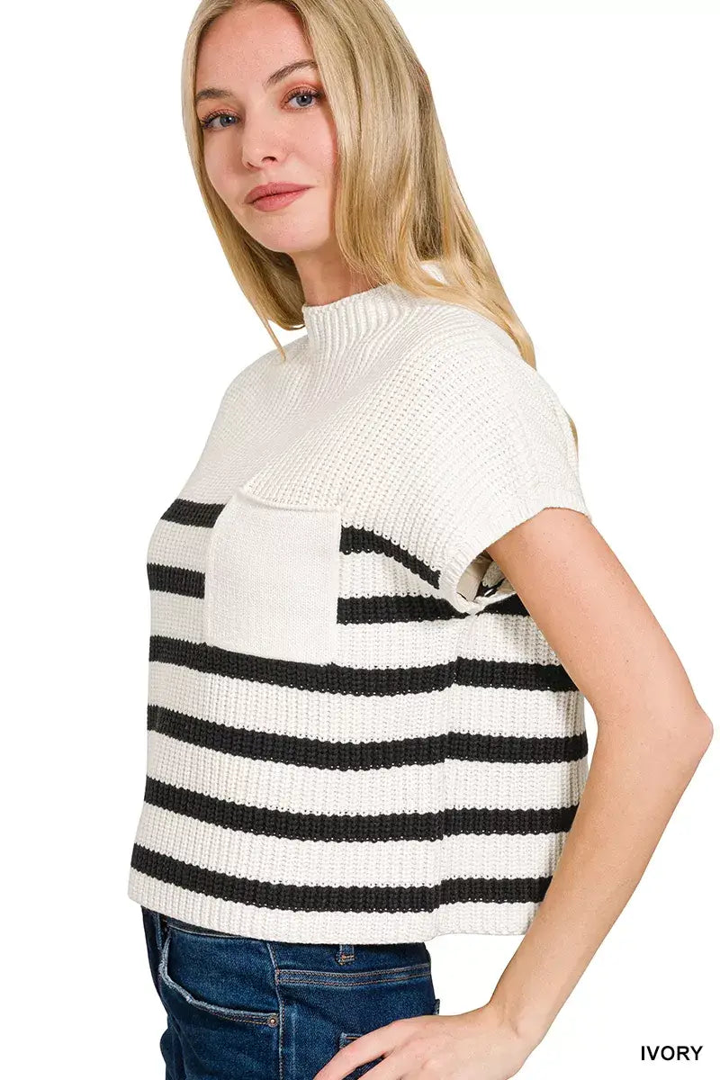 Zenana Short Sleeve Stripe Sweater - Short Sleeve Stripe Sweater