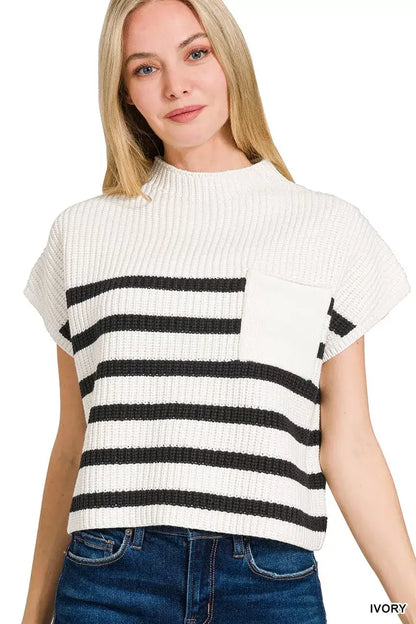 Zenana Short Sleeve Stripe Sweater - IVORY / S - Short Sleeve Stripe Sweater