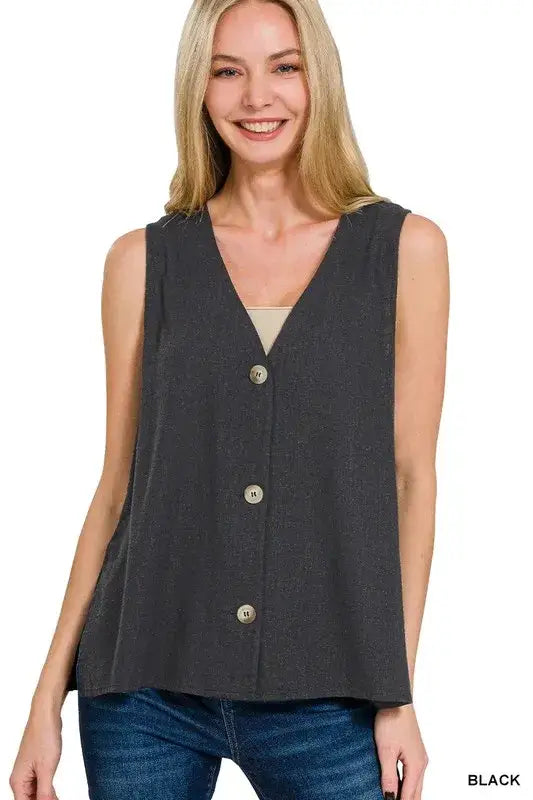 Black sleeveless slit button-front vest with v-neck and metallic buttons for stylish look
