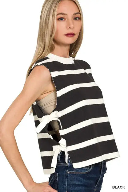 Zenana Side Tie Stripe Sweater Vest - BLACK / S