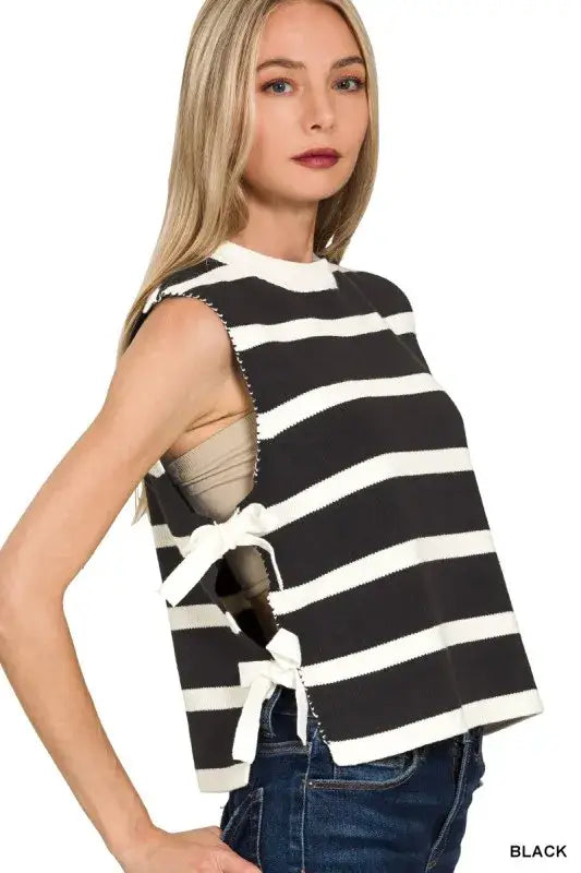 Zenana Side Tie Stripe Sweater Vest - BLACK / S