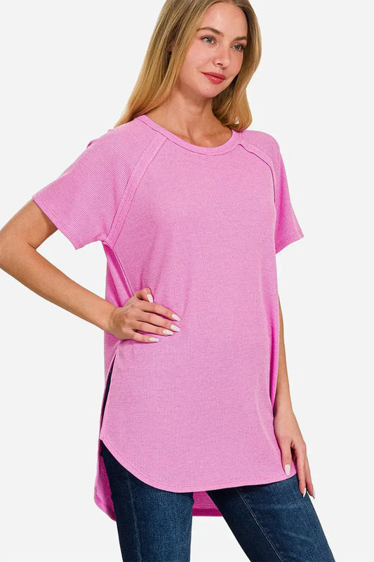 Zenana Slit Round Neck Short Sleeve Waffle Top - BRIGHT MAUVE / S