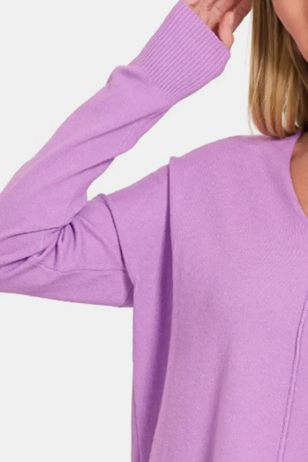 Lavender ribbed long-sleeve dropped shoulder sweater with relaxed fit and soft texture
