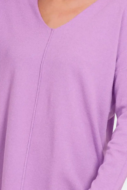 Lavender zip-up long-sleeve dropped shoulder sweater with V-neck design