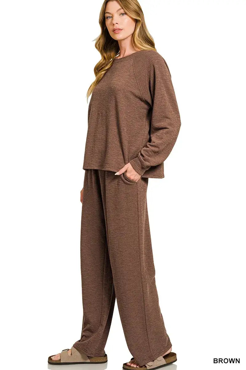 Zenana Slub Long Sleeve Top and Pants Lounge Set - Top and Pants Lounge Set