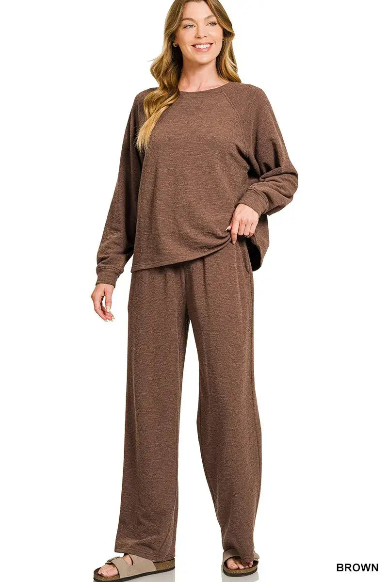 Zenana Slub Long Sleeve Top and Pants Lounge Set - BROWN / S - Top and Pants Lounge Set