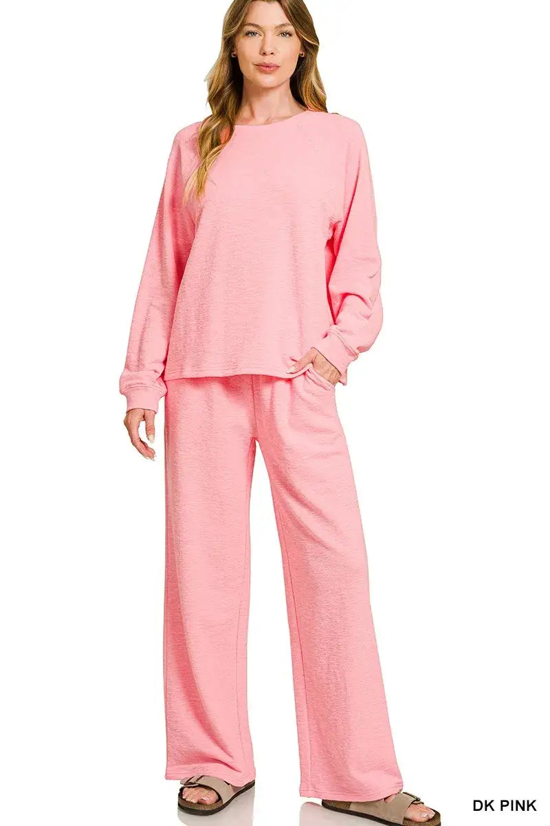 Zenana Slub Long Sleeve Top and Pants Lounge Set - DK PINK / S