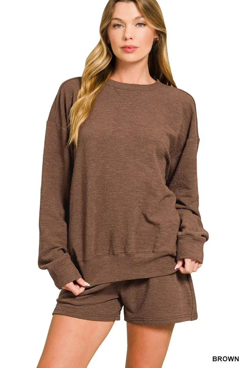 Zenana Slub Long Sleeve Top and Shorts Set - BROWN / S