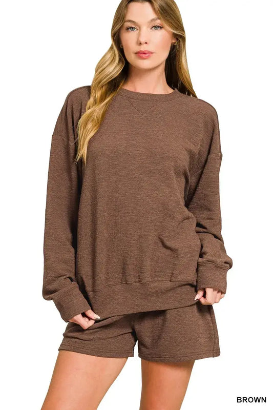 Zenana Slub Long Sleeve Top and Shorts Set - BROWN / S