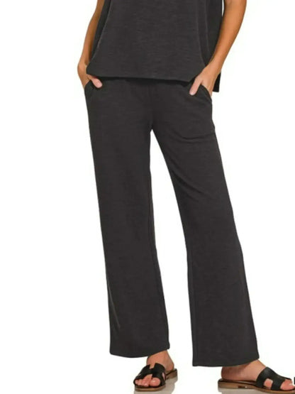 Zenana Slub Short Sleeve T-Shirt and Pants Set - T-Shirt and Pants Set