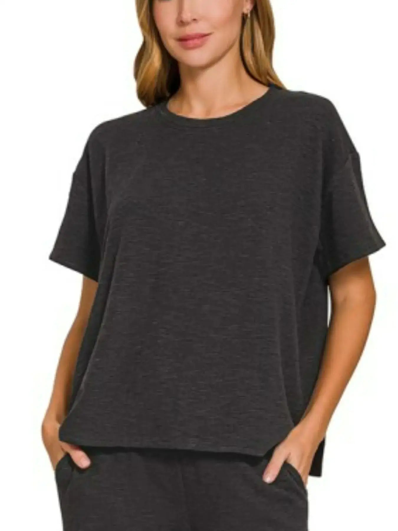 Zenana Slub Short Sleeve T-Shirt and Pants Set - T-Shirt and Pants Set