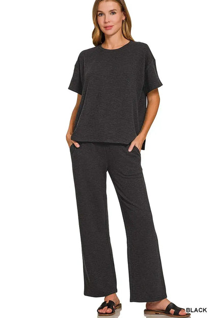 Zenana Slub Short Sleeve T-Shirt and Pants Set - BLACK / S - T-Shirt and Pants Set
