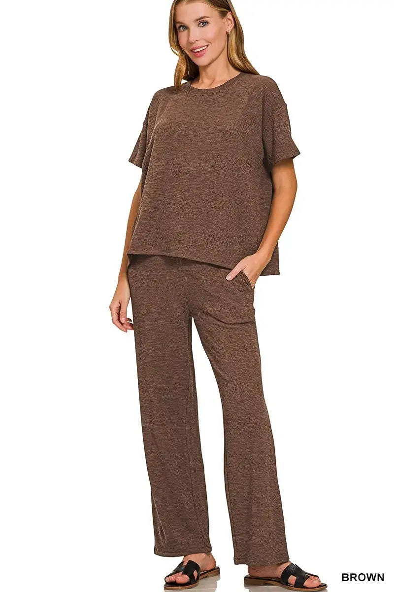 Zenana Slub Short Sleeve T-Shirt and Pants Set - BROWN / S