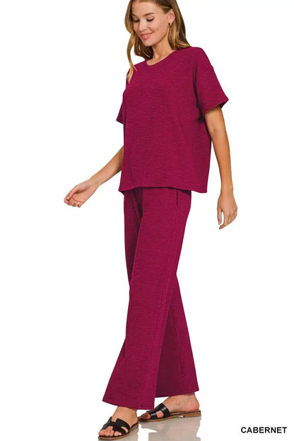 Zenana Slub Short Sleeve T-Shirt and Pants Set - CABERNET / S - T-Shirt and Pants Set