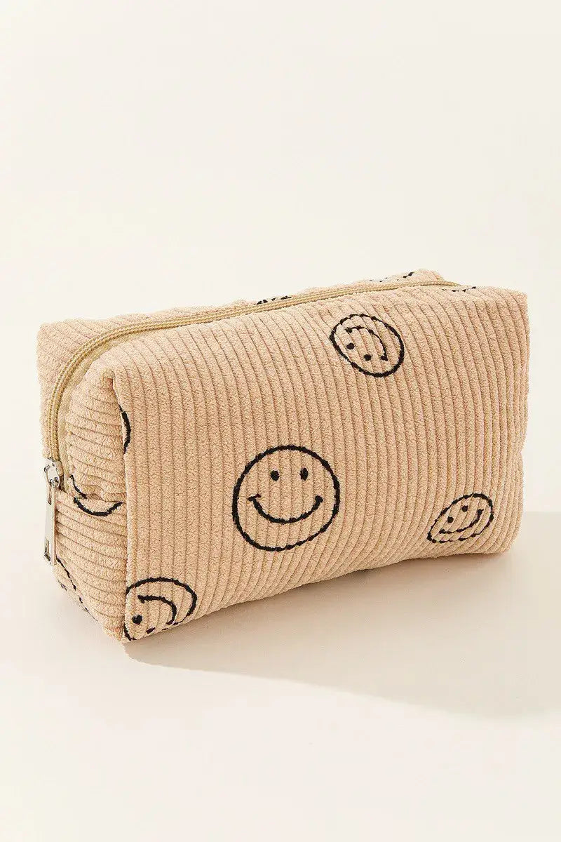 Zenana Smiley Face Corduroy Cosmetic Pouch - Beige / One Size