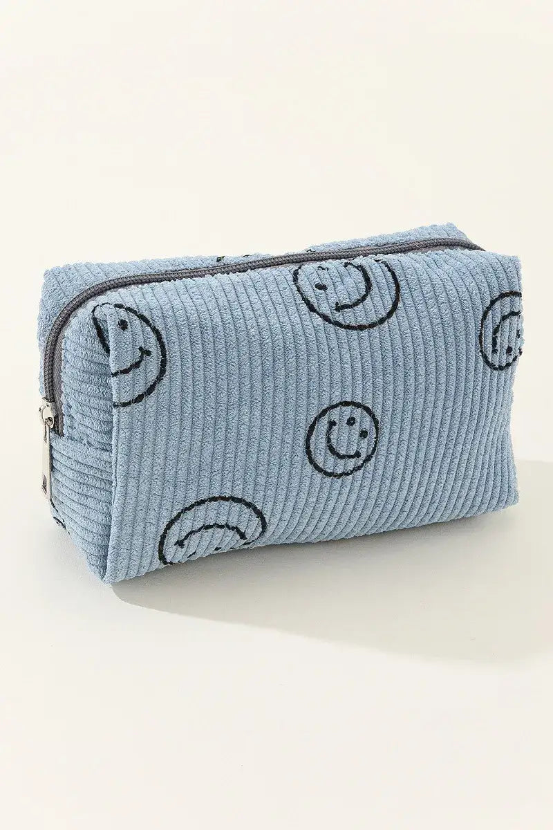 Zenana Smiley Face Corduroy Cosmetic Pouch - Blue / One Size