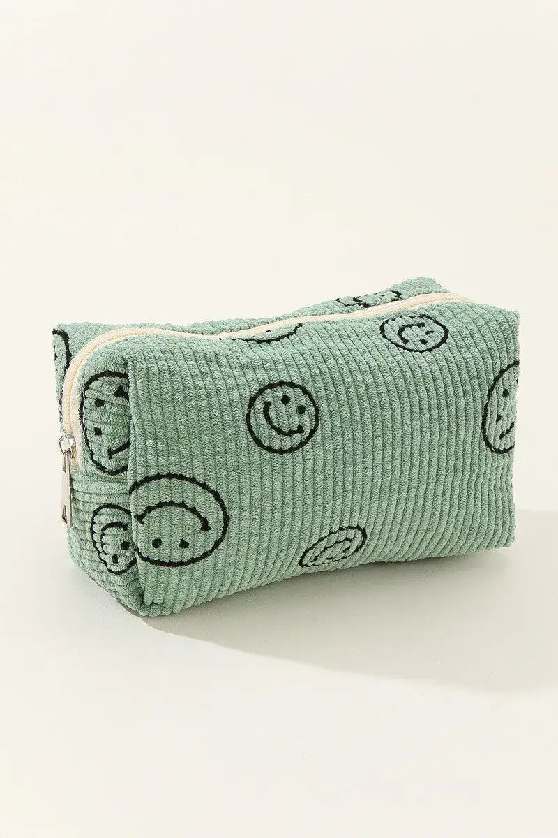 Zenana Smiley Face Corduroy Cosmetic Pouch - Green / One Size