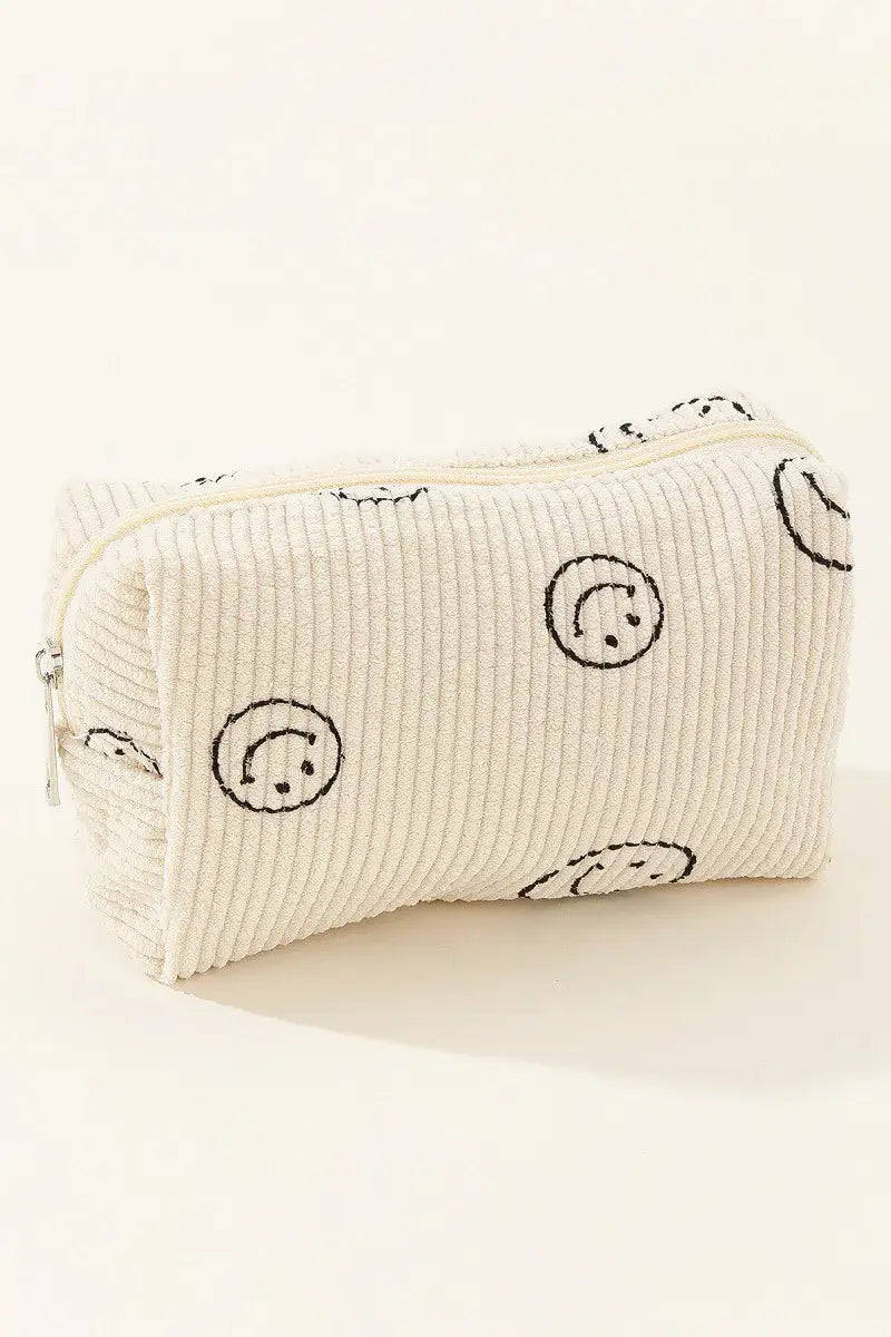 Zenana Smiley Face Corduroy Cosmetic Pouch - Ivory / One Size