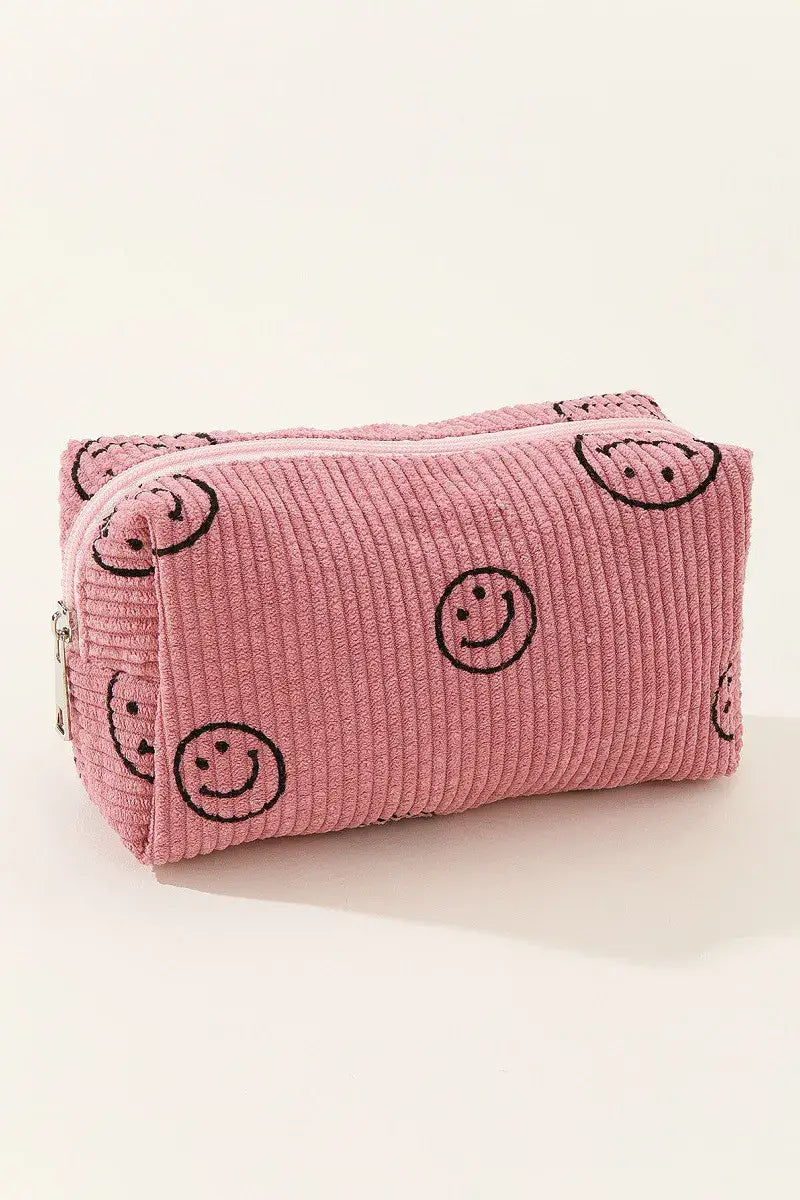 Zenana Smiley Face Corduroy Cosmetic Pouch - Pink / One Size