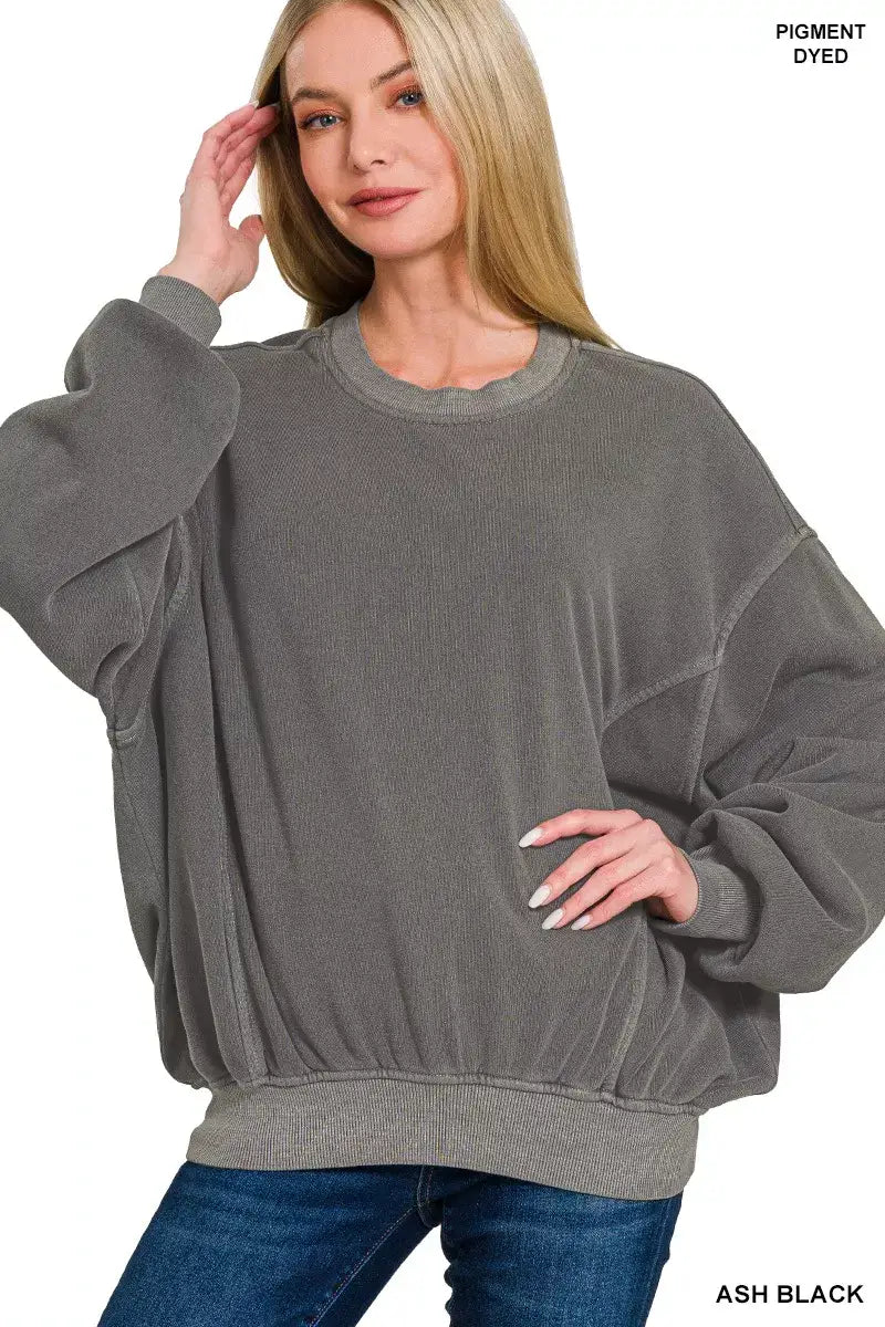 Zenana Soft Fleece Pigment Dye Pullover - ASH BLACK / S/M - Pigment Dye Pullover