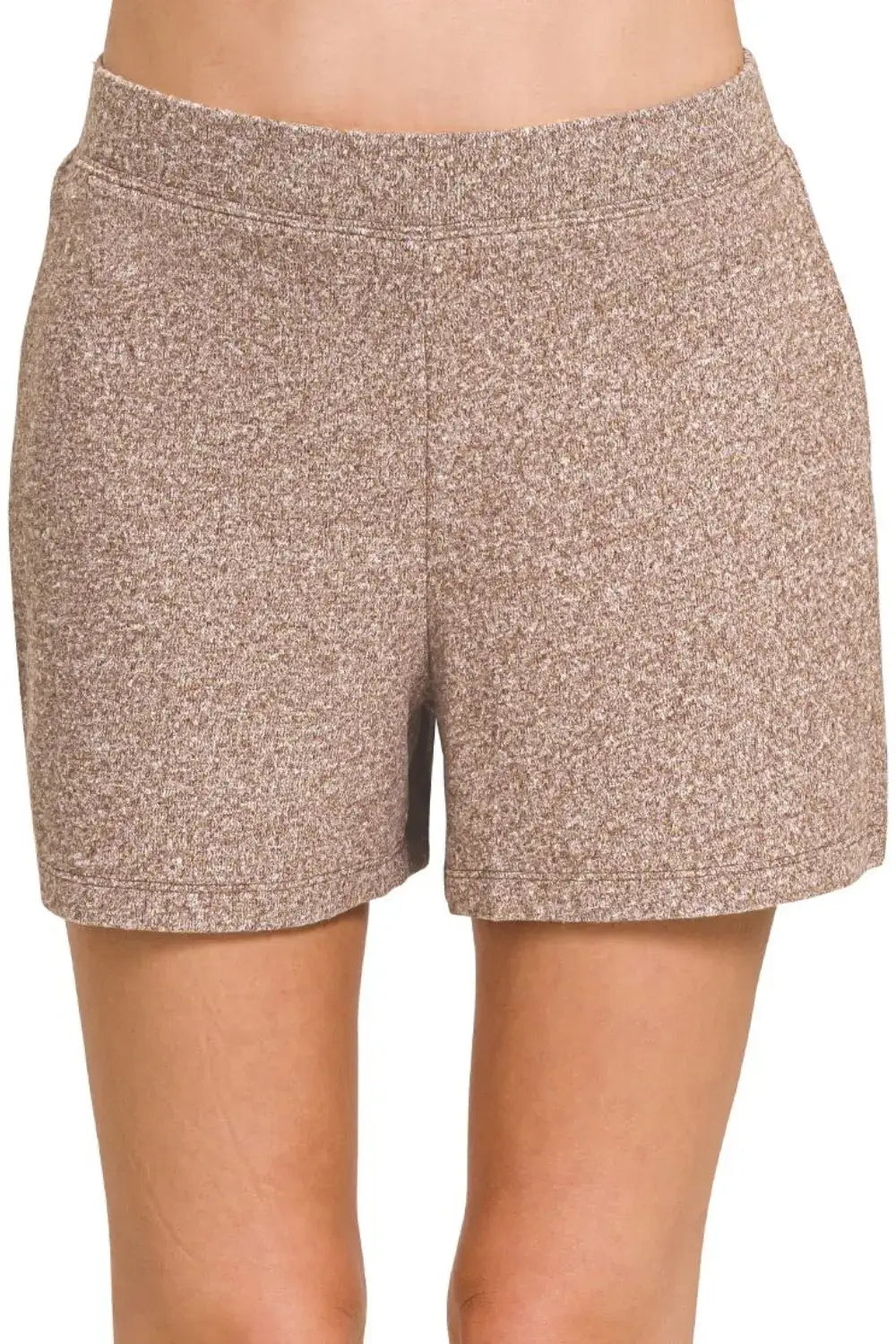 Zenana Soft Melange Hacci Elastic Waisted Shorts - BROWN / S