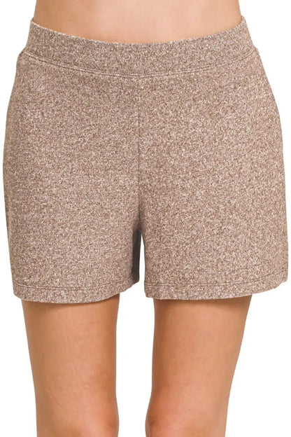 Zenana Soft Melange Hacci Elastic Waisted Shorts - BROWN / S