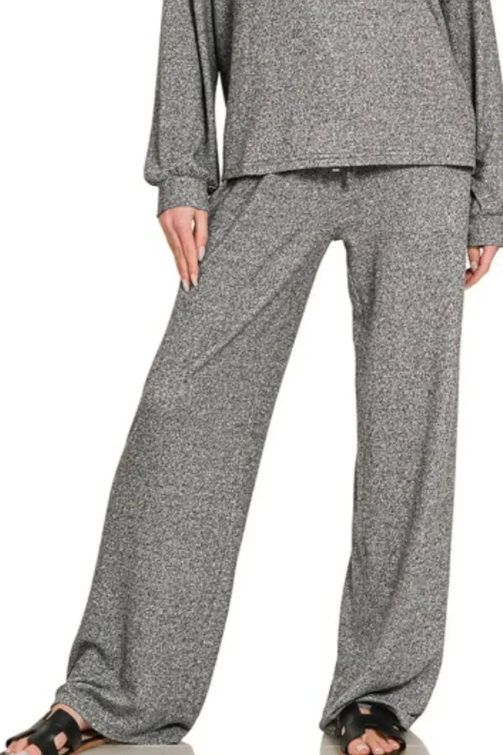 Zenana Soft Melange Hacci Long Slv Tee & Pants Set - Tee & Pants Set