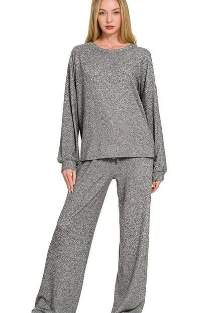 Zenana Soft Melange Hacci Long Slv Tee & Pants Set - Tee & Pants Set