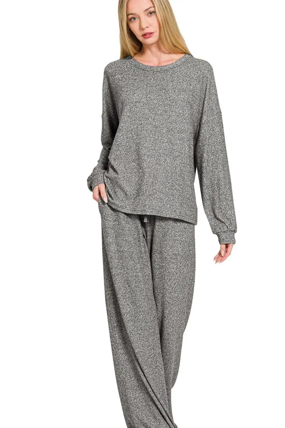 Zenana Soft Melange Hacci Long Slv Tee & Pants Set - BLACK / S - Tee & Pants Set
