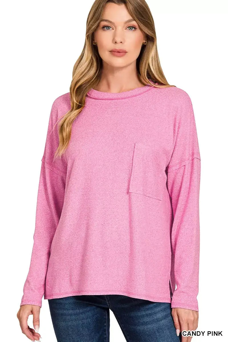 Zenana Soft Melange Hacci Round-Neck Long Sleeve T-Shirt - CANDY PINK / S