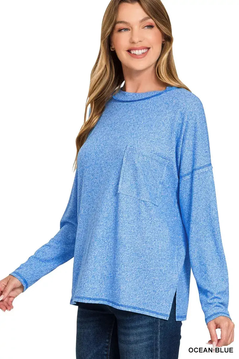 Zenana Soft Melange Hacci Round-Neck Long Sleeve T-Shirt - OCEAN BLUE / S