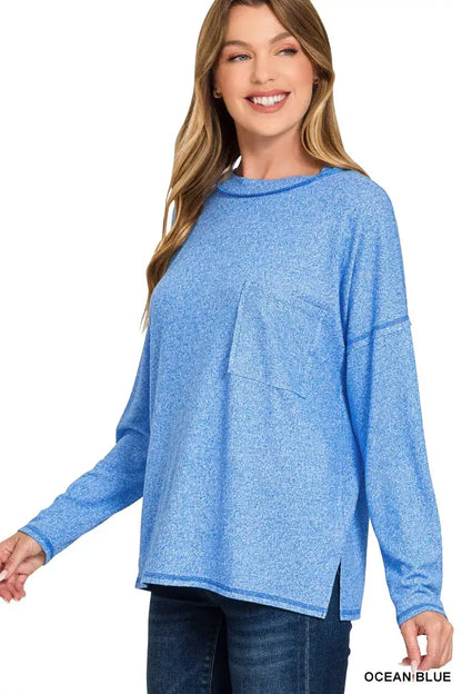 Zenana Soft Melange Hacci Round-Neck Long Sleeve T-Shirt - OCEAN BLUE / S