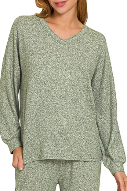 Zenana Soft Melange Long Sleeve Tee & Pants Set