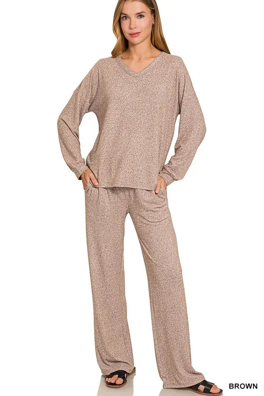 Zenana Soft Melange Long Sleeve Tee & Pants Set