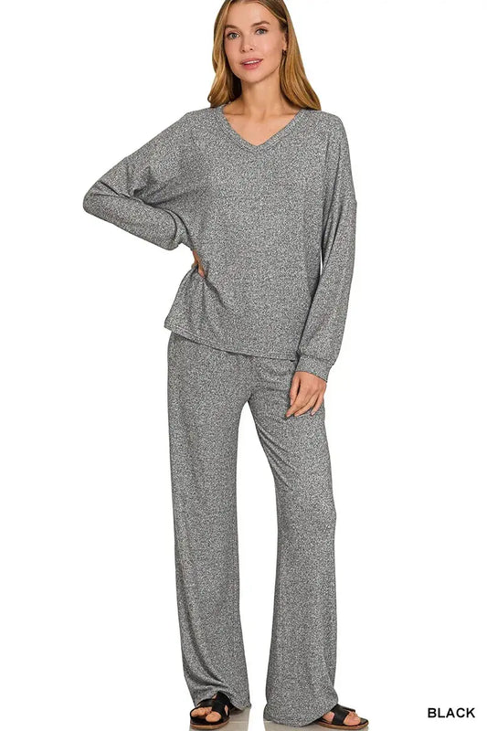 Zenana Soft Melange Long Sleeve Tee & Pants Set - BLACK / S