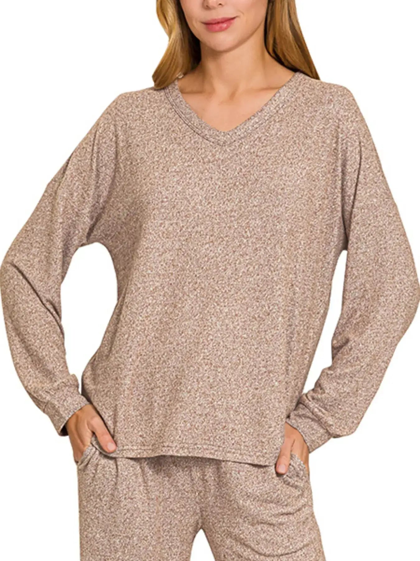 Zenana Soft Melange Long Sleeve Tee & Pants Set - BROWN / S