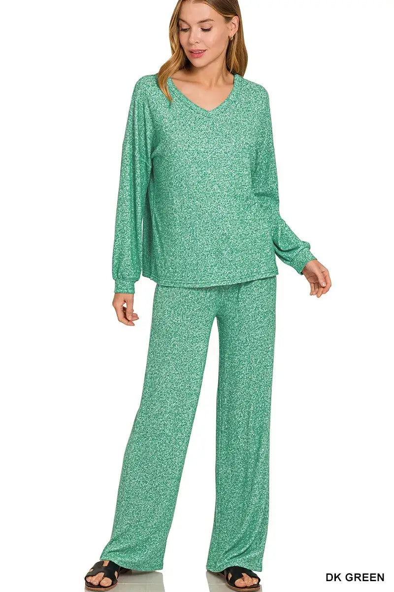 Zenana Soft Melange Long Sleeve Tee & Pants Set - DK GREEN / S