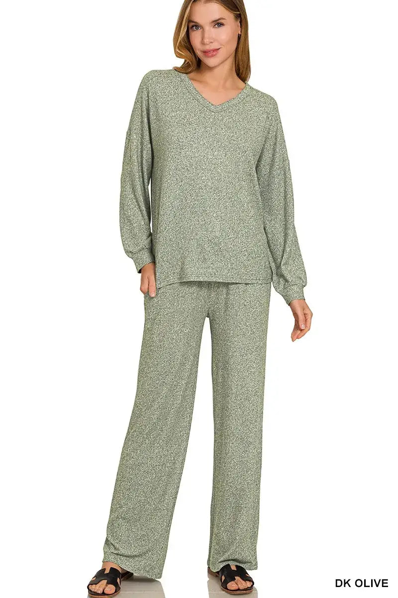 Zenana Soft Melange Long Sleeve Tee & Pants Set - DK OLIVE / S