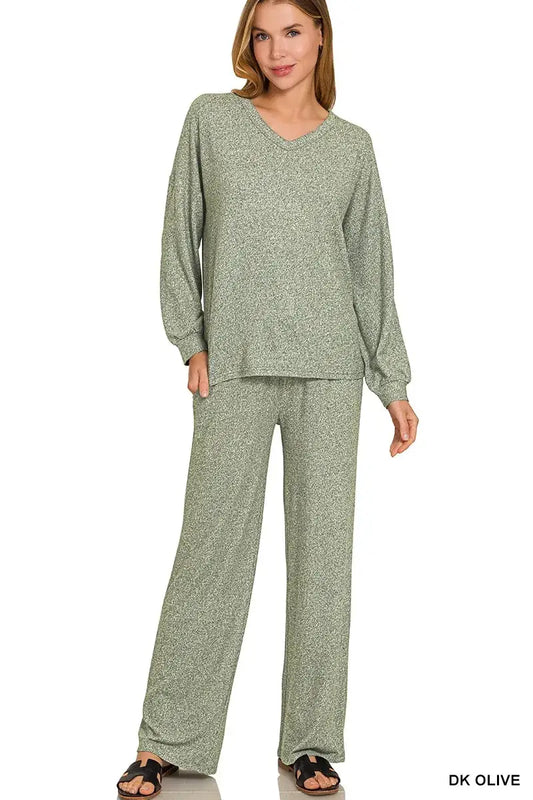 Zenana Soft Melange Long Sleeve Tee & Pants Set - DK OLIVE / S