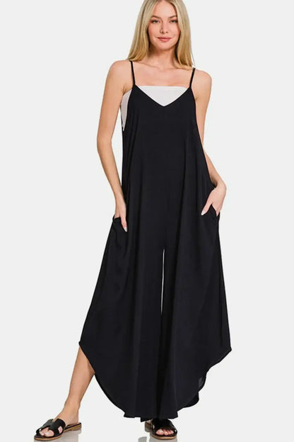 Zenana Spaghetti Strap Wide Leg Overalls with Pockets - Black / S