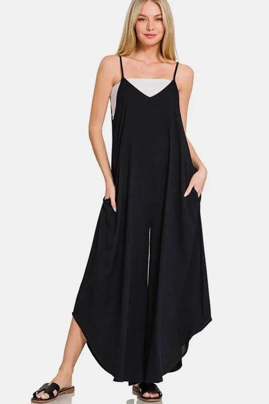 Zenana Spaghetti Strap Wide Leg Overalls with Pockets - Black / S