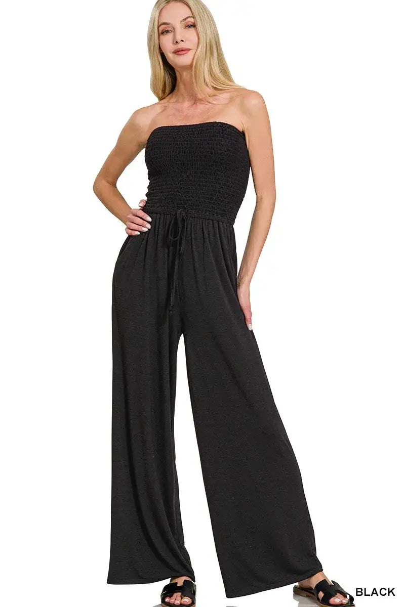 Zenana Strapless Wide Leg Smocked Jumpsuit - BLACK / S